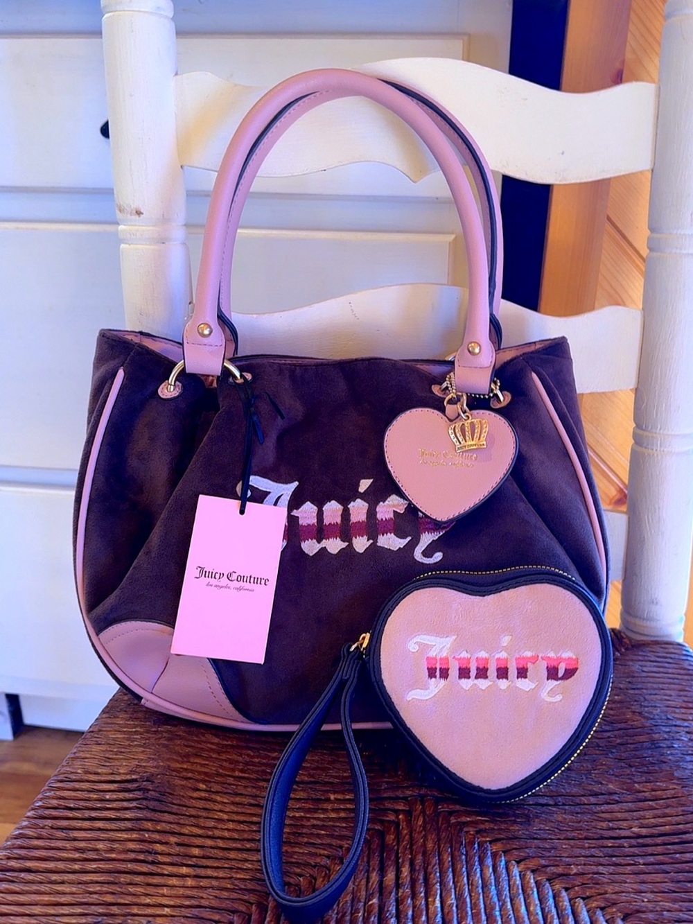 Juicy Couture Pink & Brown Suede Tote with Heart Pouch